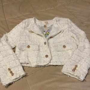 a.Peach Fuzzy White Jacket With Gold Buttons